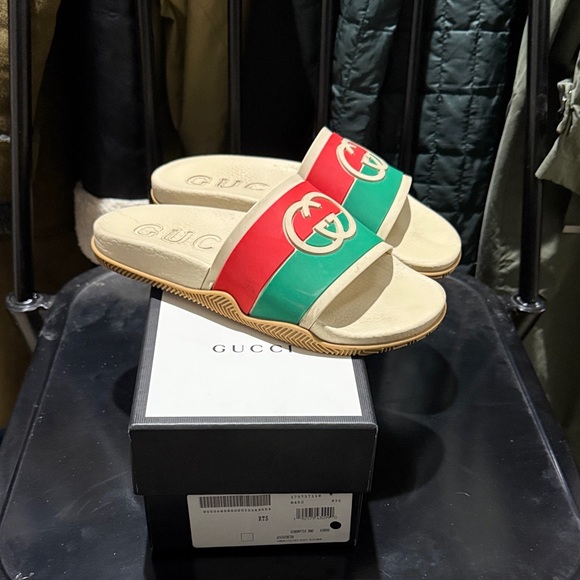 GUCCI Green Red Beige Interlocking GG Logo Rubber Slides Sandals